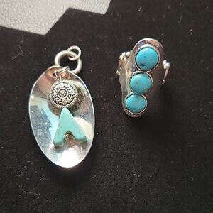 Silver and Turquoise Color Pendant and Stretch Ring Set
